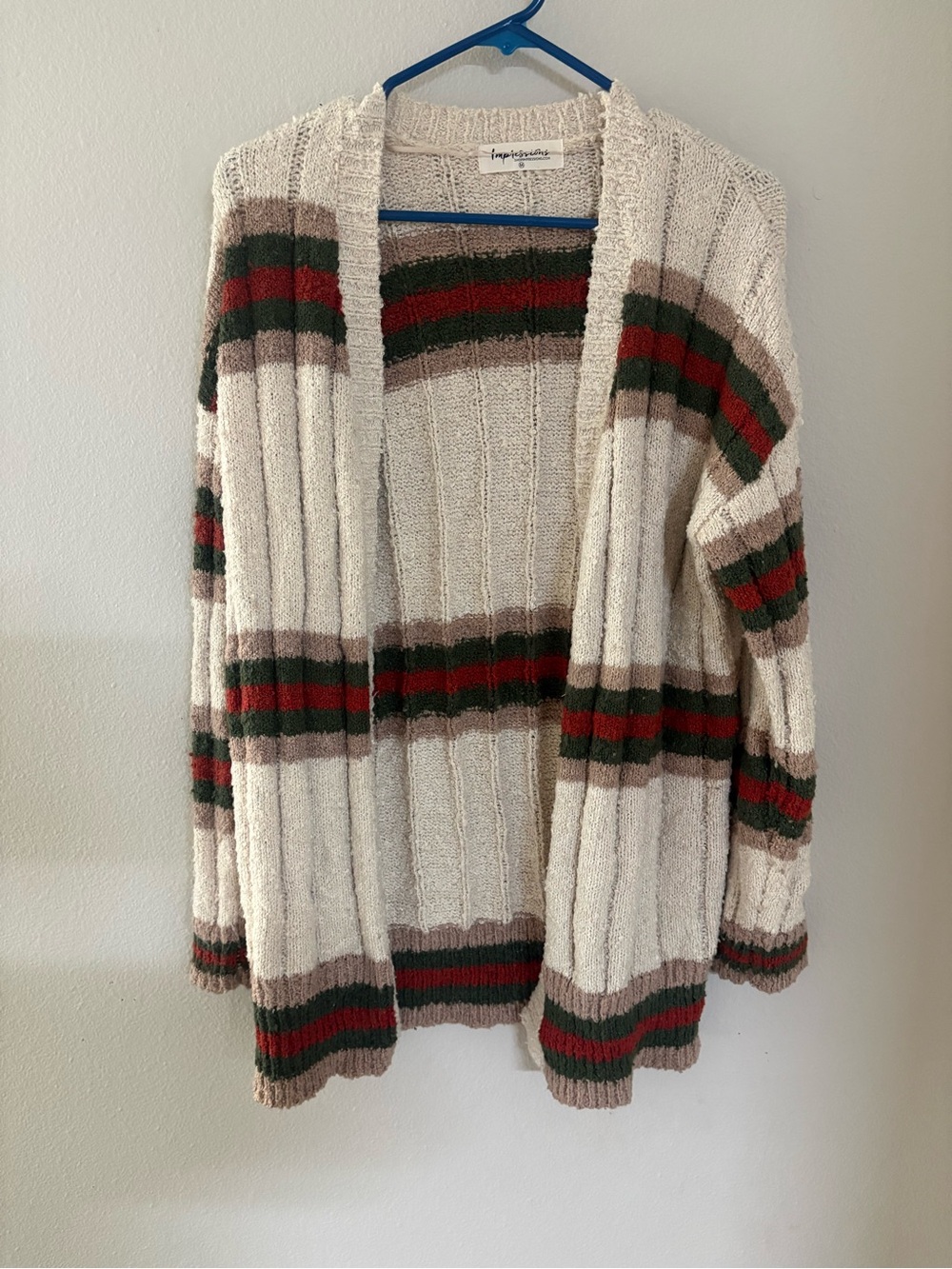 Impressions Open-Front Striped Cardigan in Cream, Green & Red